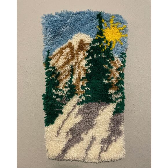 Handmade Latch Hook Wall Hanging Mountain Landscape Rug Art Shag Yarn Vintage - Picture 1 of 6